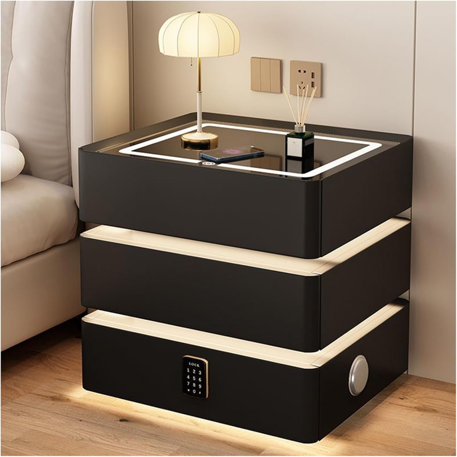 DotFurn LumiSmart 3-Drawer Bedside Pedestal with Wireless Charging & Smart Light