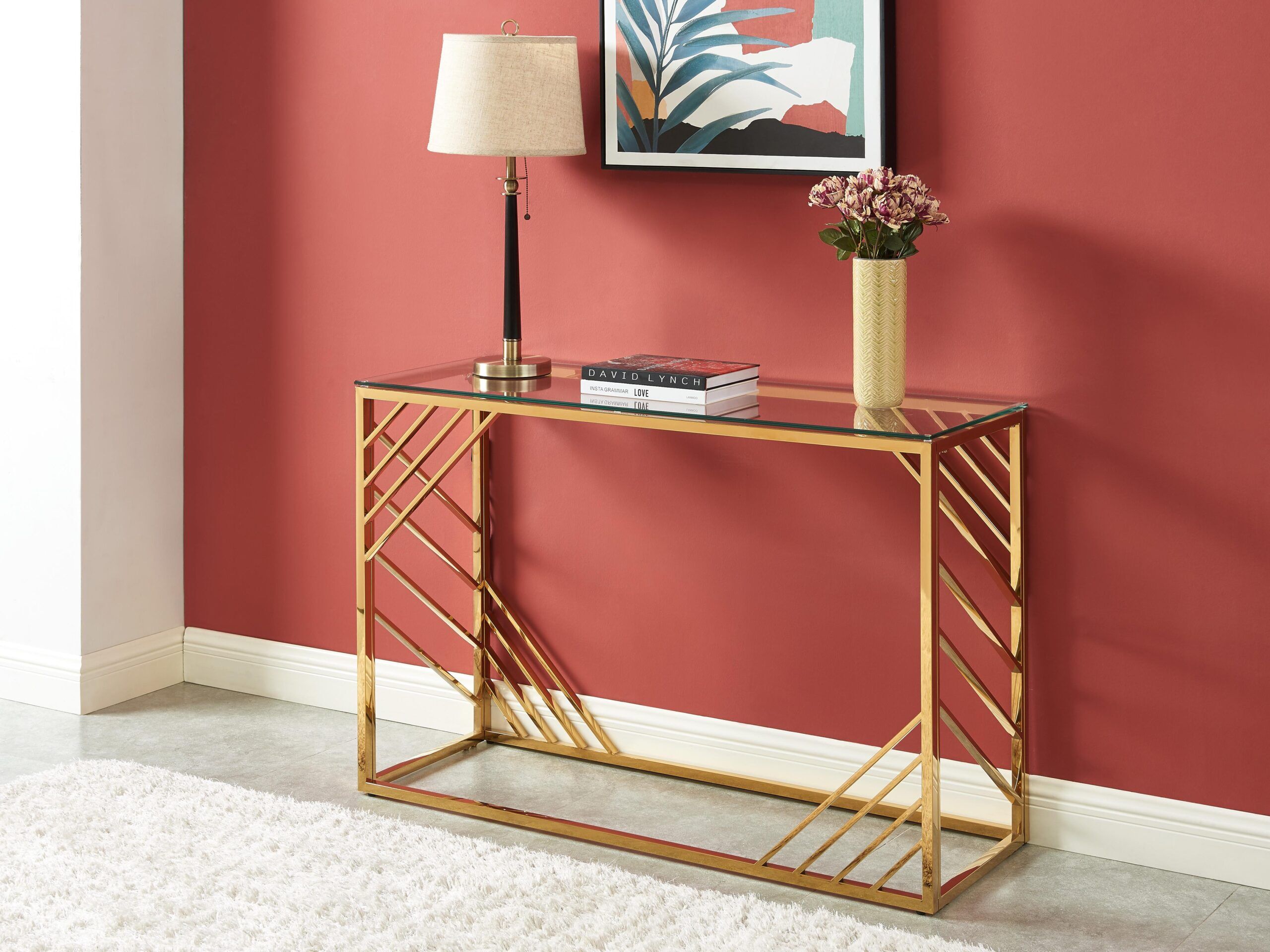 Bexley Glass Console Table – DotFurn (120cm, Clear Tempered Glass Top, Gold Frame)