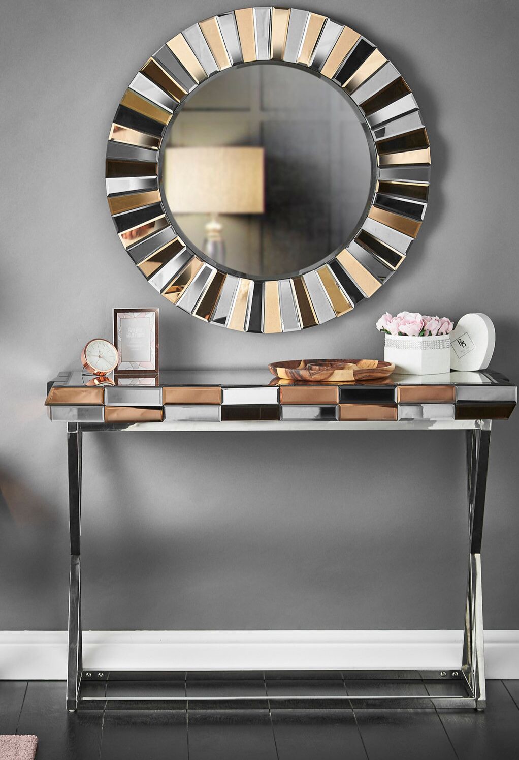 Aleba Console Table – DotFurn (110cm, Coloured Mirror & Stainless Steel, Modern Luxe Design)